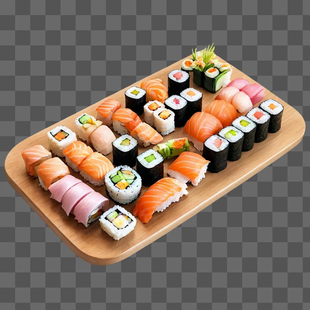 side sushi drawing A large assortment of sushi on a wooden board