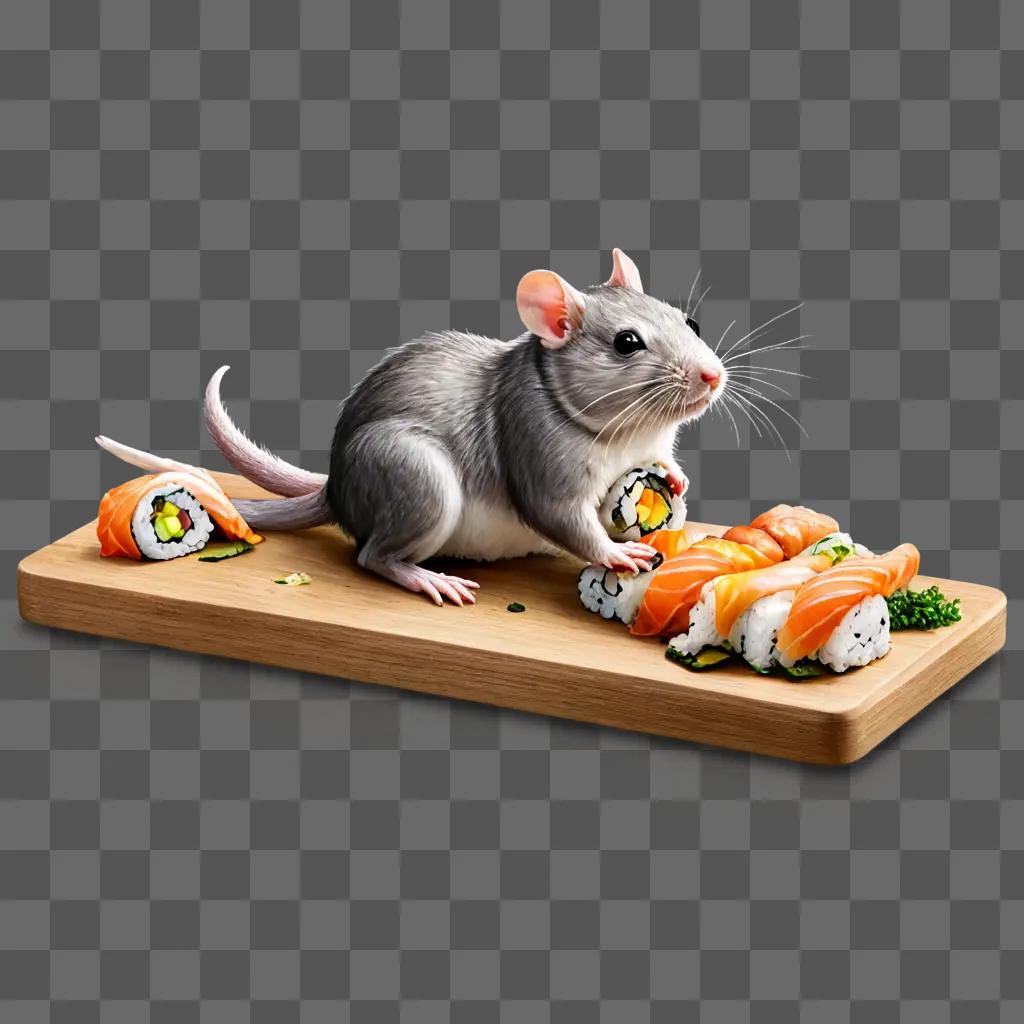 side sushi drawing A mouse eats sushi on a cutting board