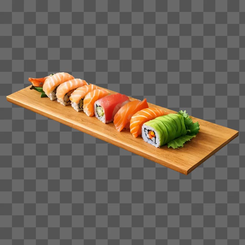 side sushi drawing A wooden board with a variety of sushi on it