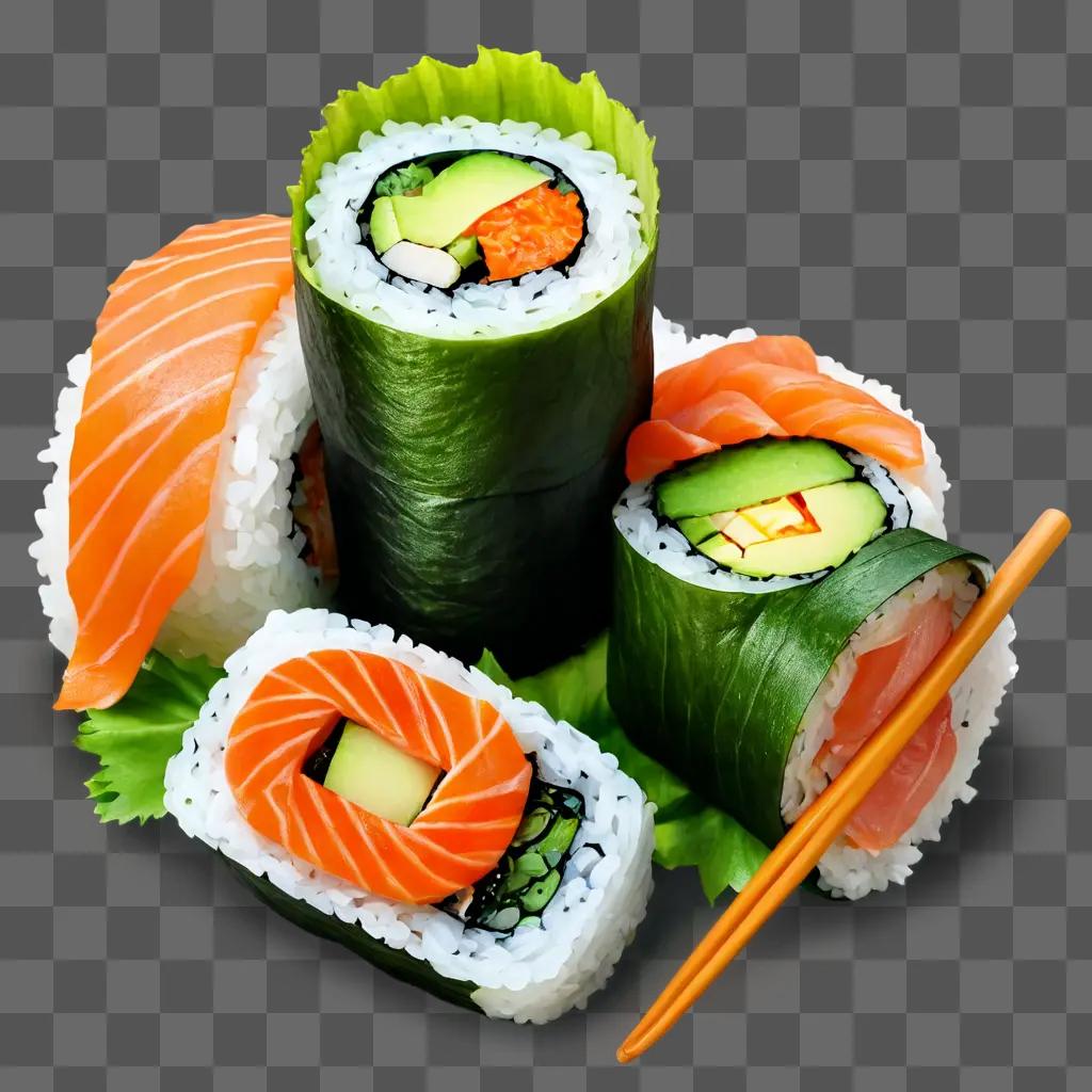 side sushi drawing Sushi rolls with salmon and avocado on a table