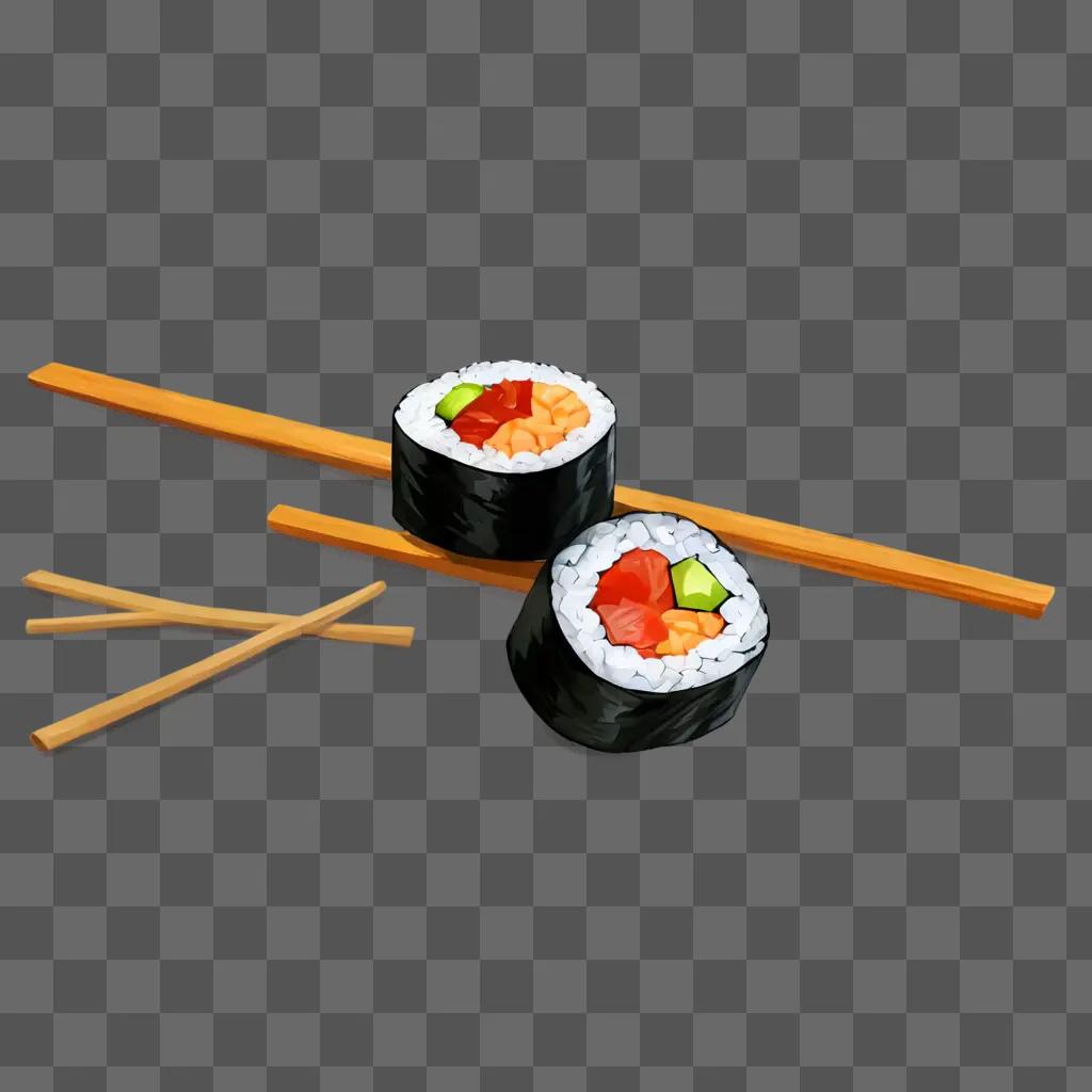 side sushi drawing Two sushi rolls on wooden chopsticks on a brown surface