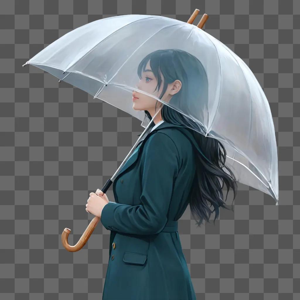 side umbrella drawing A girl with a clear umbrella stands against a gray background