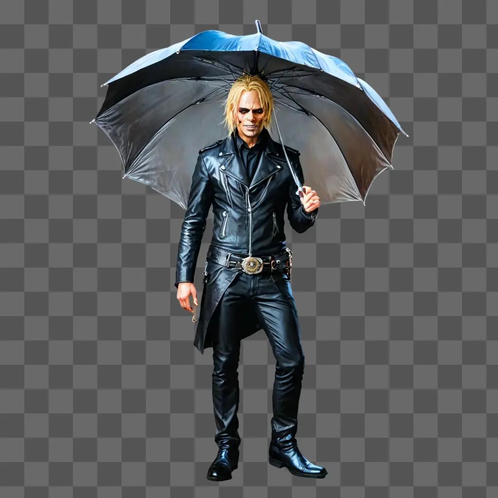 side umbrella drawing A man in leather holds a black umbrella