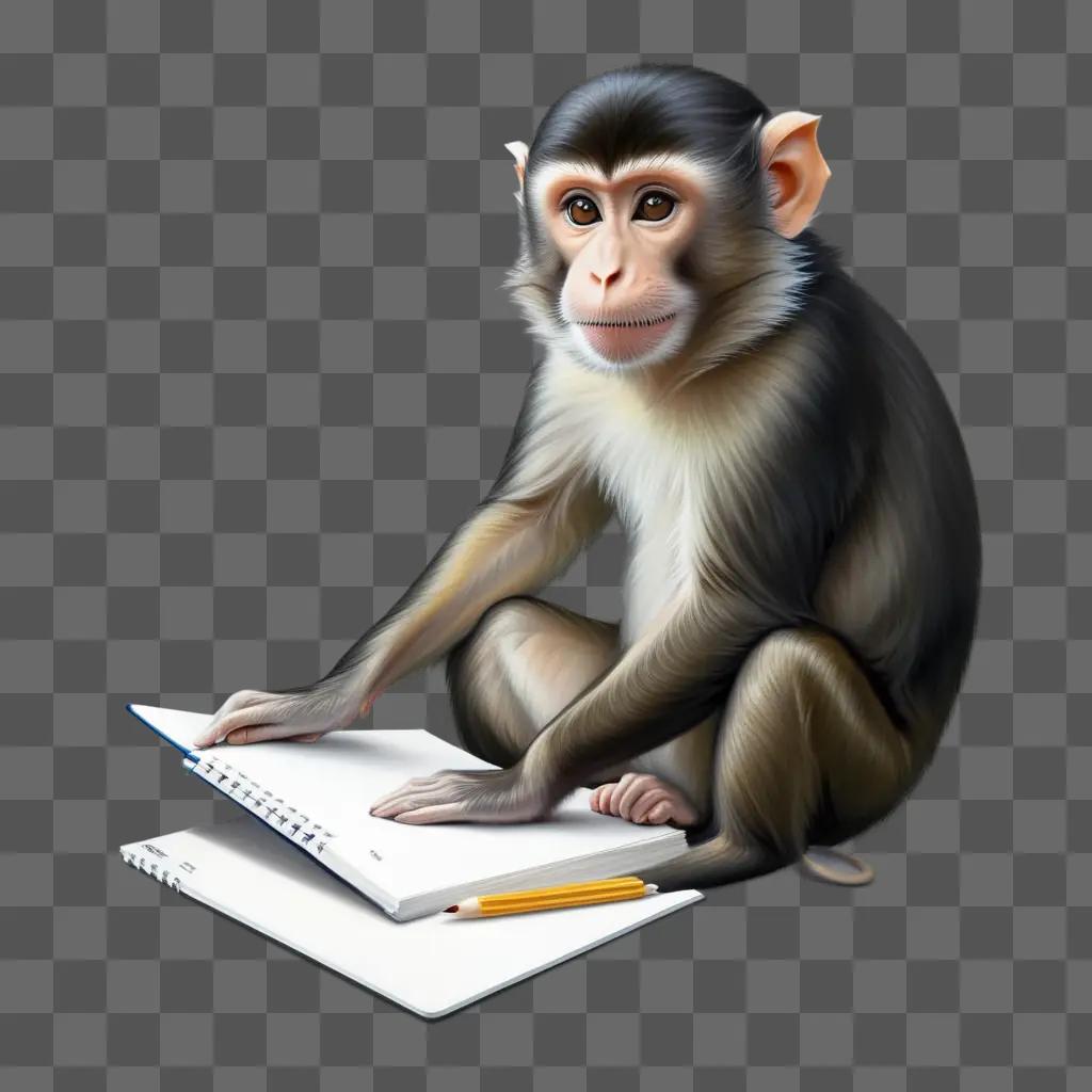 side view drawing of a monkey with a notebook and pencil