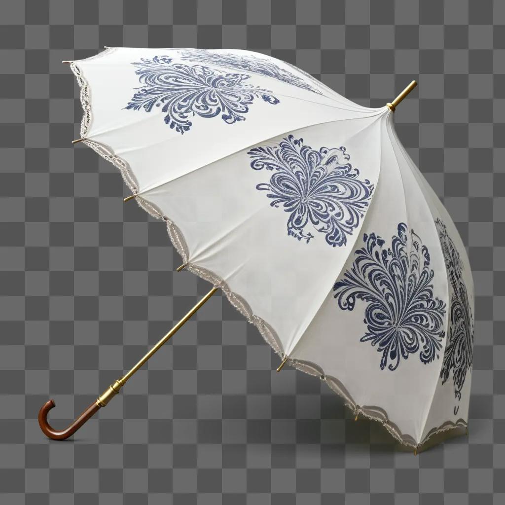 side view of a blue and white umbrella with a drawing of a flower