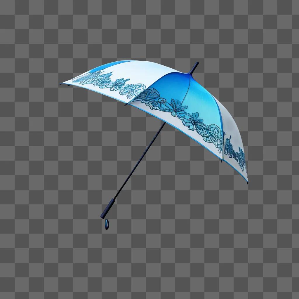 side view of a blue umbrella with a floral design