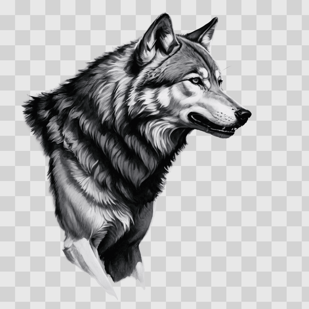 side wolf drawing A black and white wolf drawing on a grey background