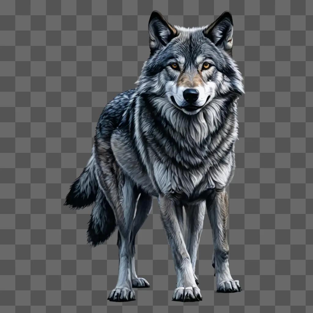 side wolf drawing A gray wolf stands against a gray background