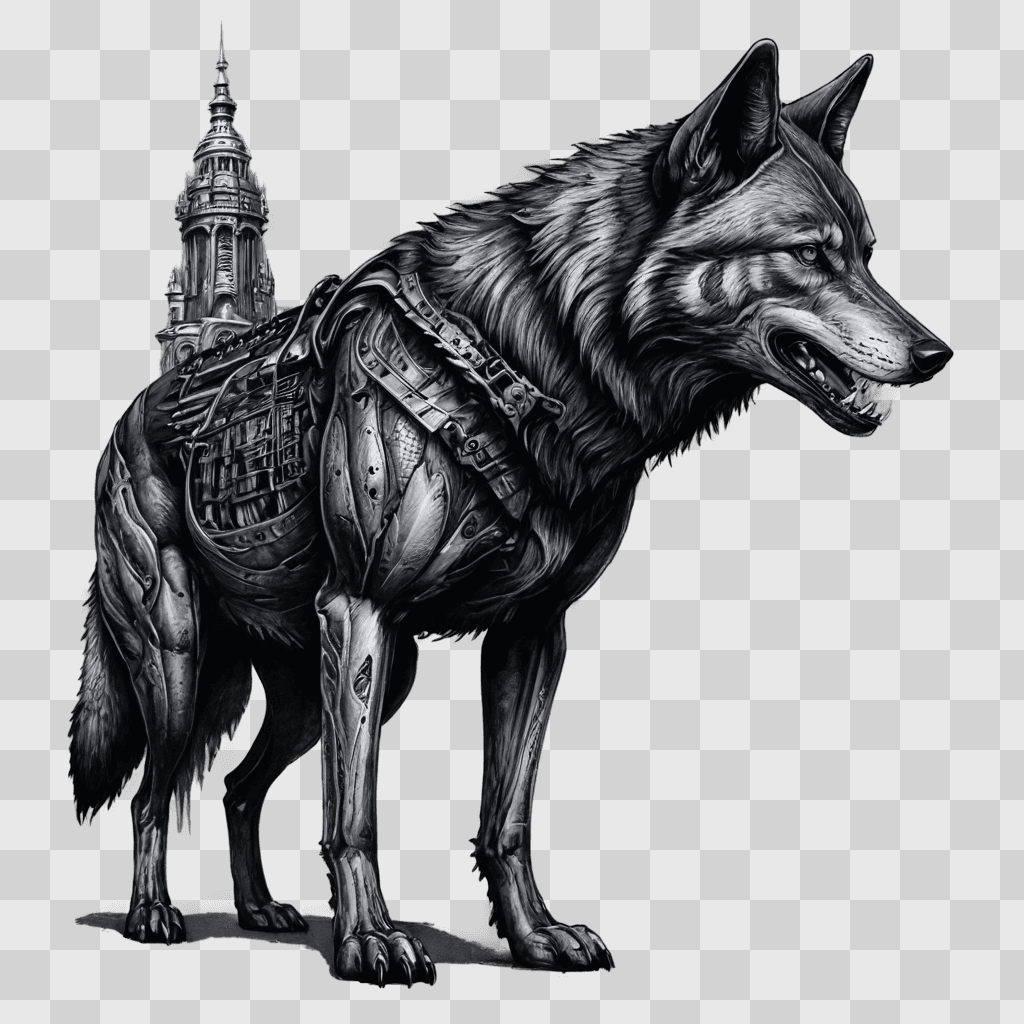 side wolf drawing A wolf in black and white with a castle in the background