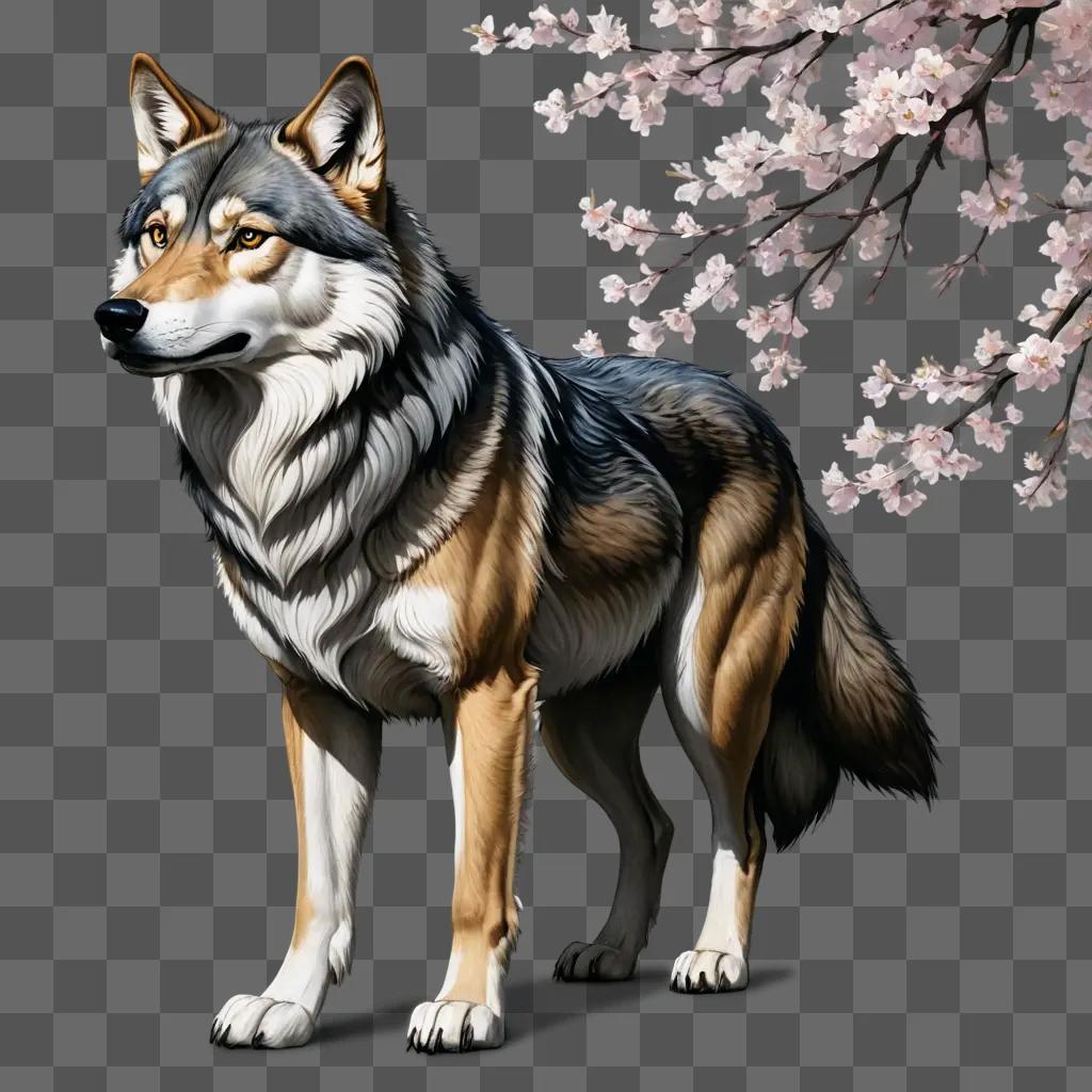 side wolf drawing A wolf with a cherry blossom tree in the background