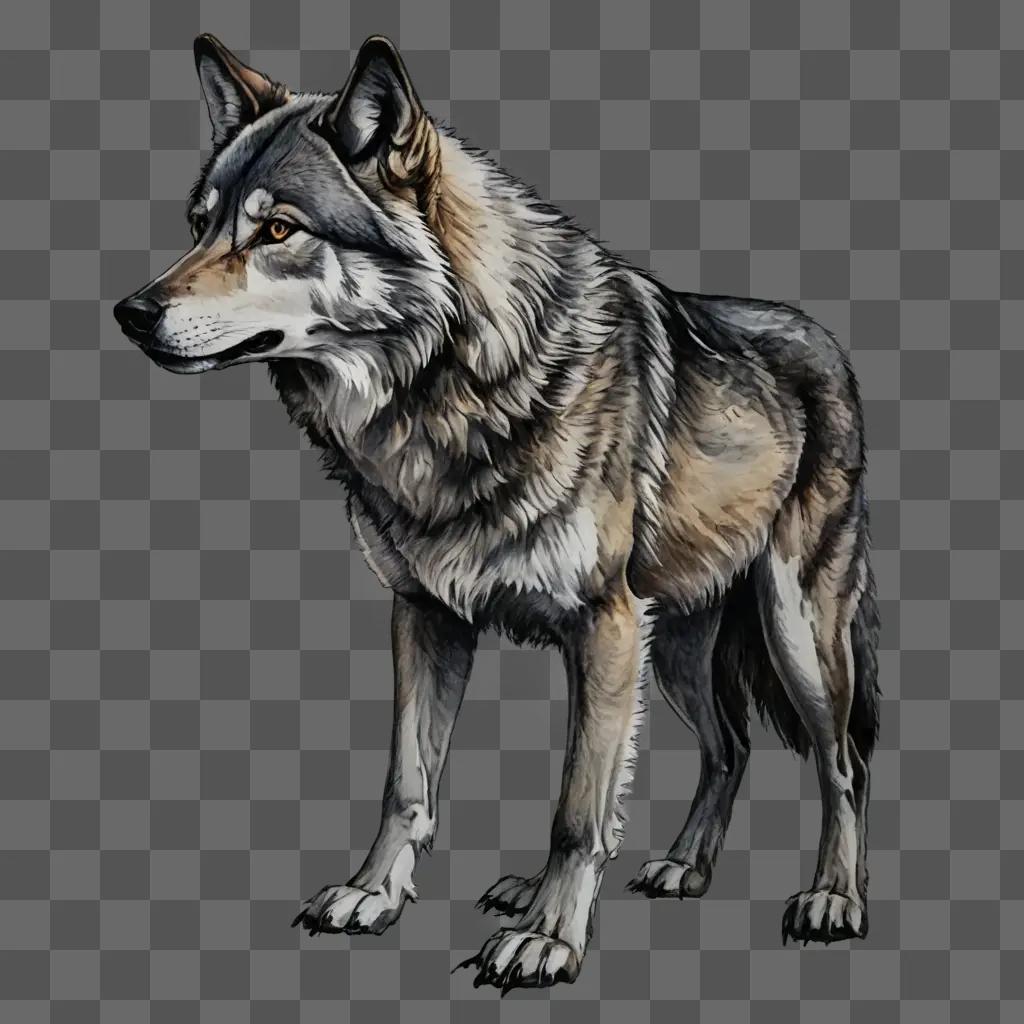 side wolf drawing A wolf with a gray background and a black outline