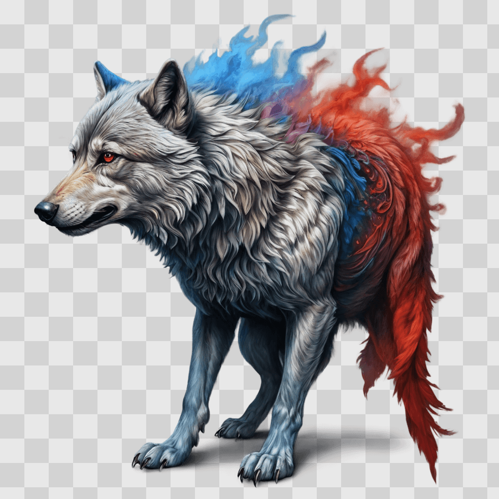 side wolf drawing A wolf with red eyes and blue tail