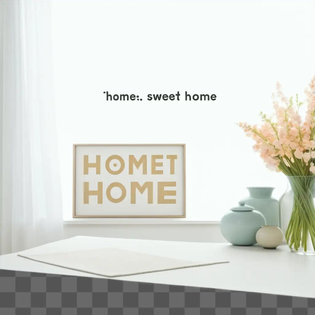 sign reading home. sweet home sits on a desk next to a vase of flowers