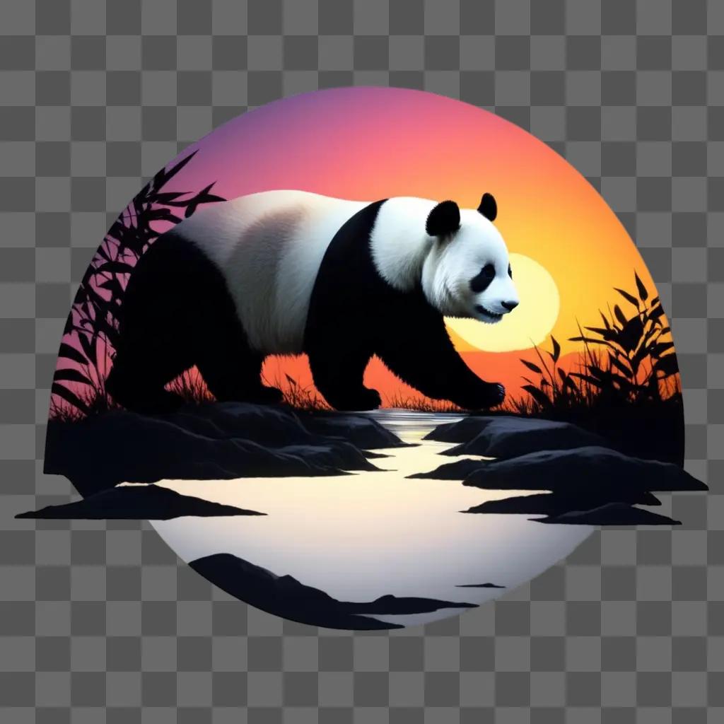 silhouette of a panda walking near water