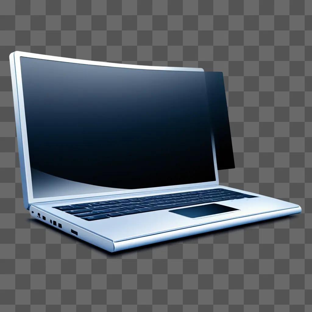 silver laptop with a curved screen sits on a grey surface