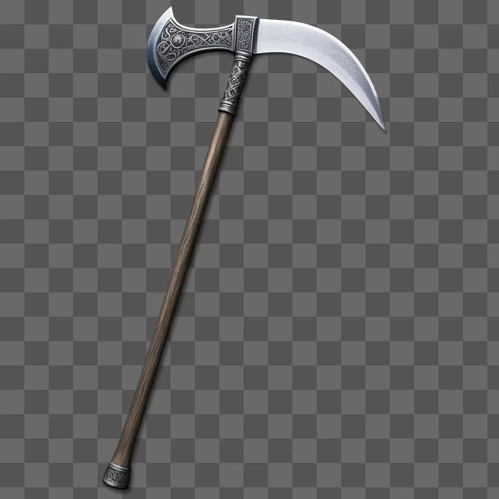 silver pick axe with a curved blade and wooden handle