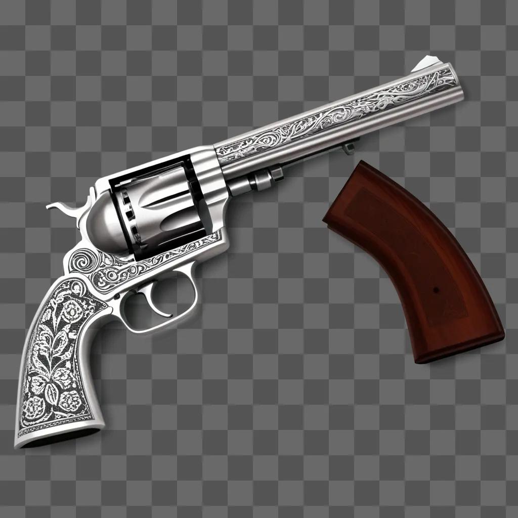 silver revolver with ornate engraving sits on a grey surface