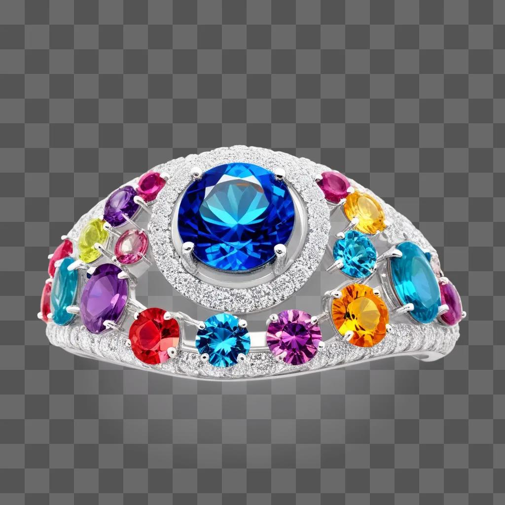 silver ring with blue and colorful gemstones