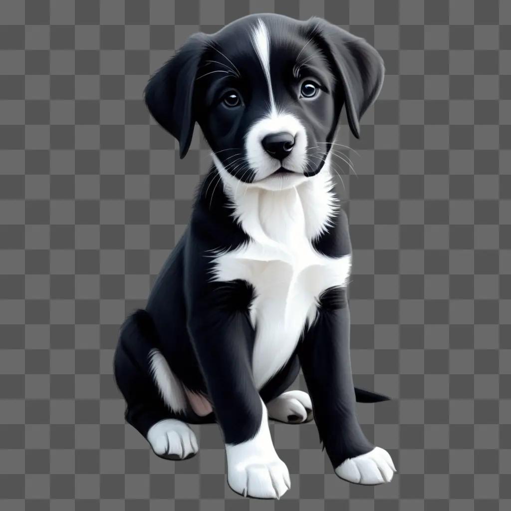 simple black and white puppy drawing on a gray background