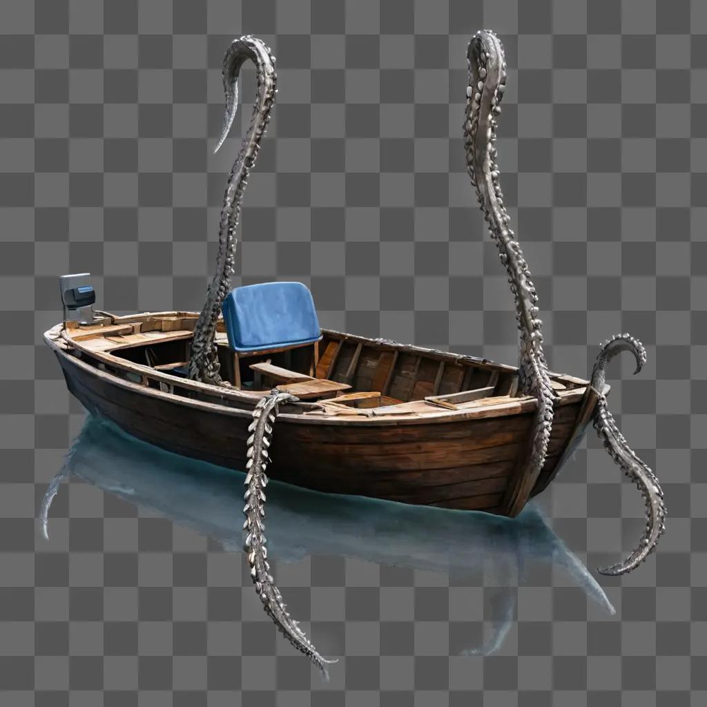 簡単なボートの描画 周囲に触手がある古い木製のボート