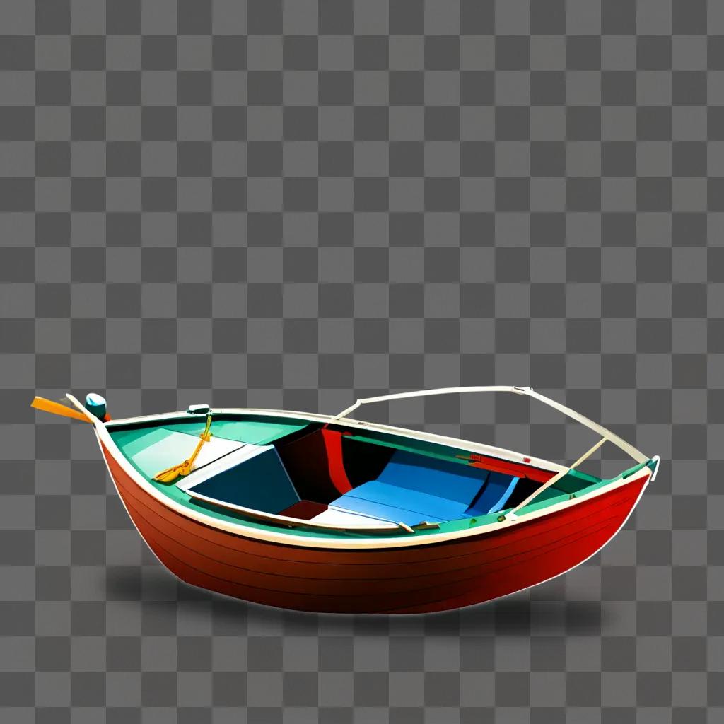 灰色の背景に緑と青のインテリアと赤いボートを描くシンプルなボート