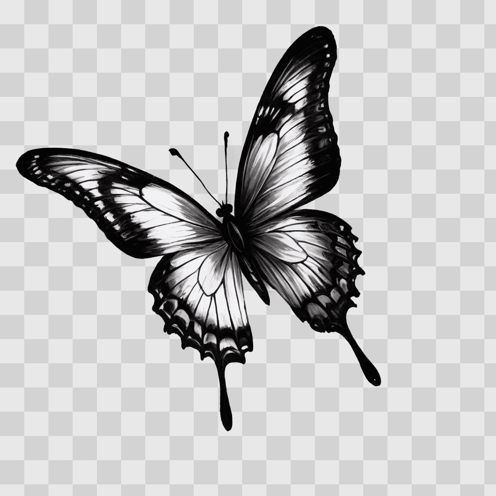 simple butterfly drawing A butterfly in black and white on a gray background