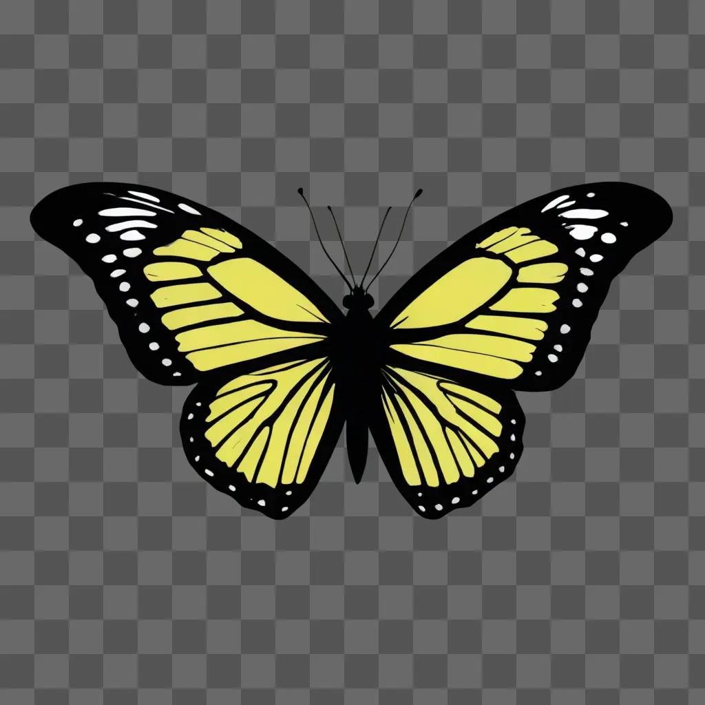 simple butterfly drawing A yellow butterfly with black spots on a green background