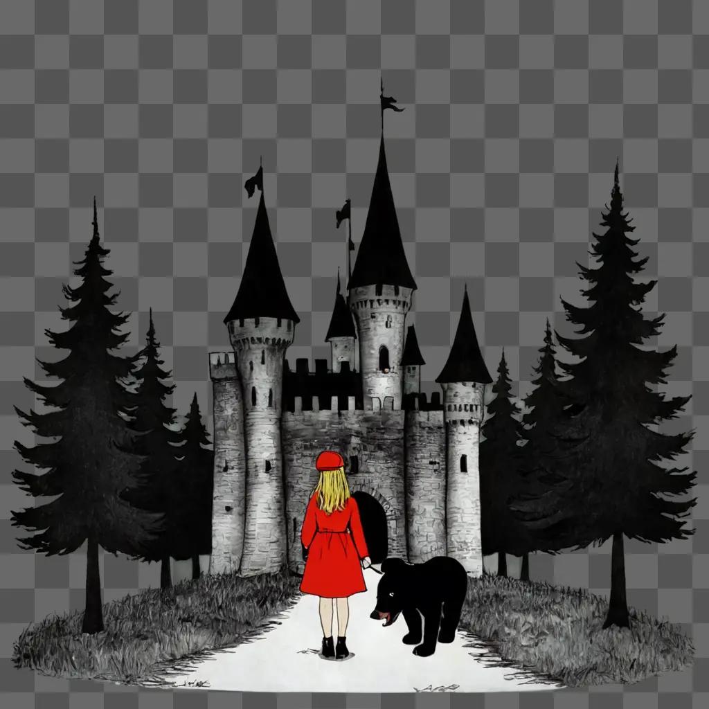 simple castle drawing A girl in a red coat stands in front of a castle