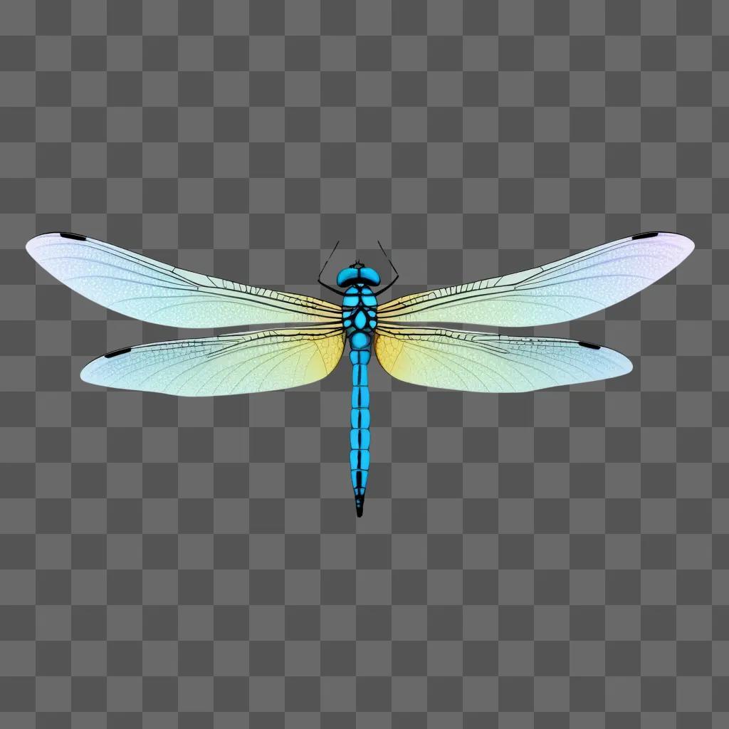 simple dragonfly drawing with a blue body and yellow wings