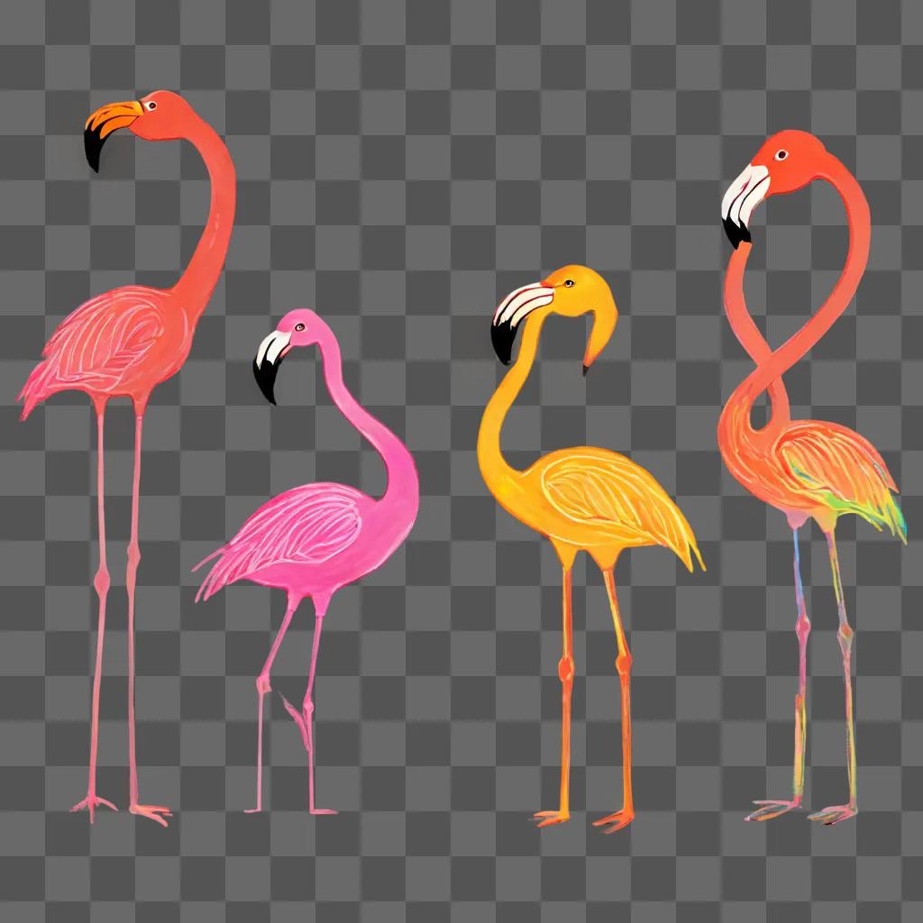 simple flamingos drawing Four flamingos on pink background in neon colors