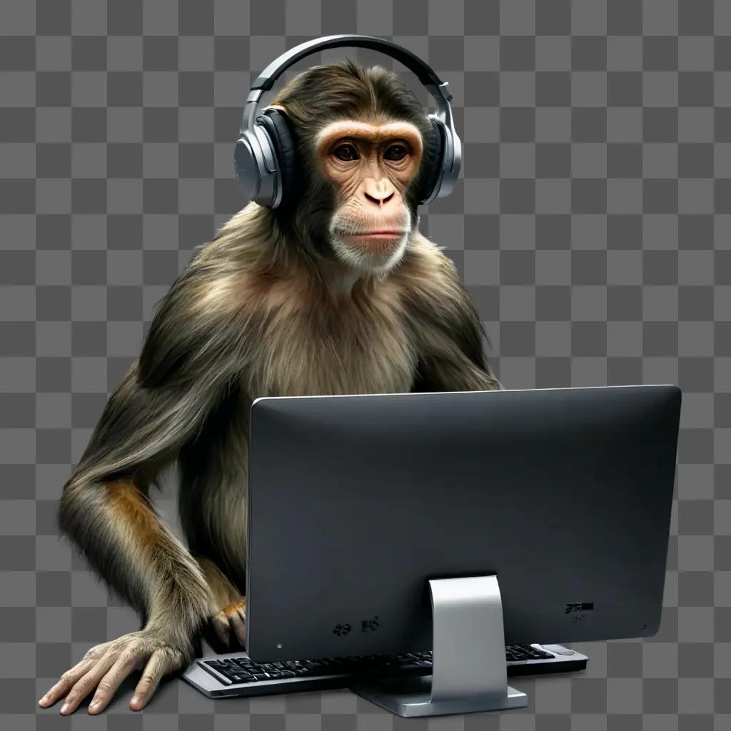 simple monkey drawing A monkey wearing headphones and working on a computer