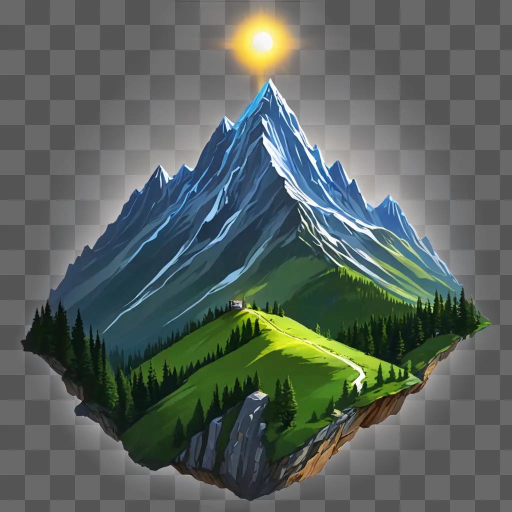 simple mountain drawing A colorful illustration of a mountain and forest with a sun