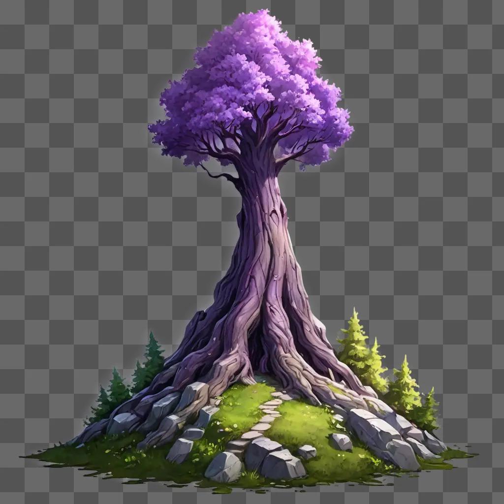 simple mountain drawing A purple tree stands atop a rock hill