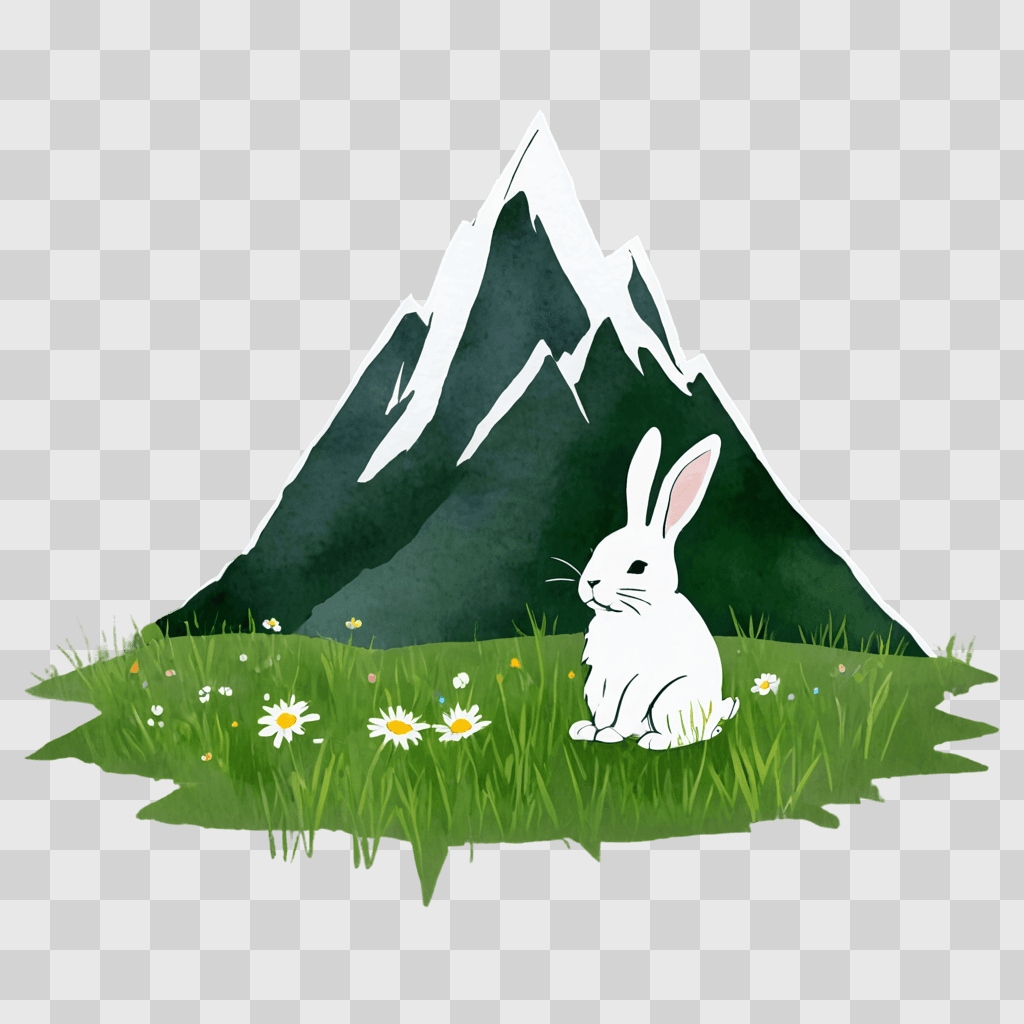 simple mountain drawing A rabbit sits in front of a snowy mountain