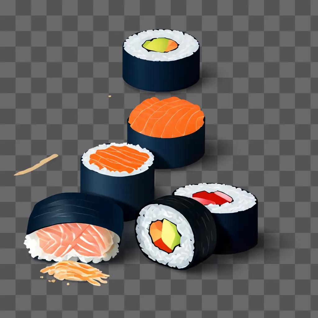 simple sushi drawing A stack of sushi rolls on a dark background