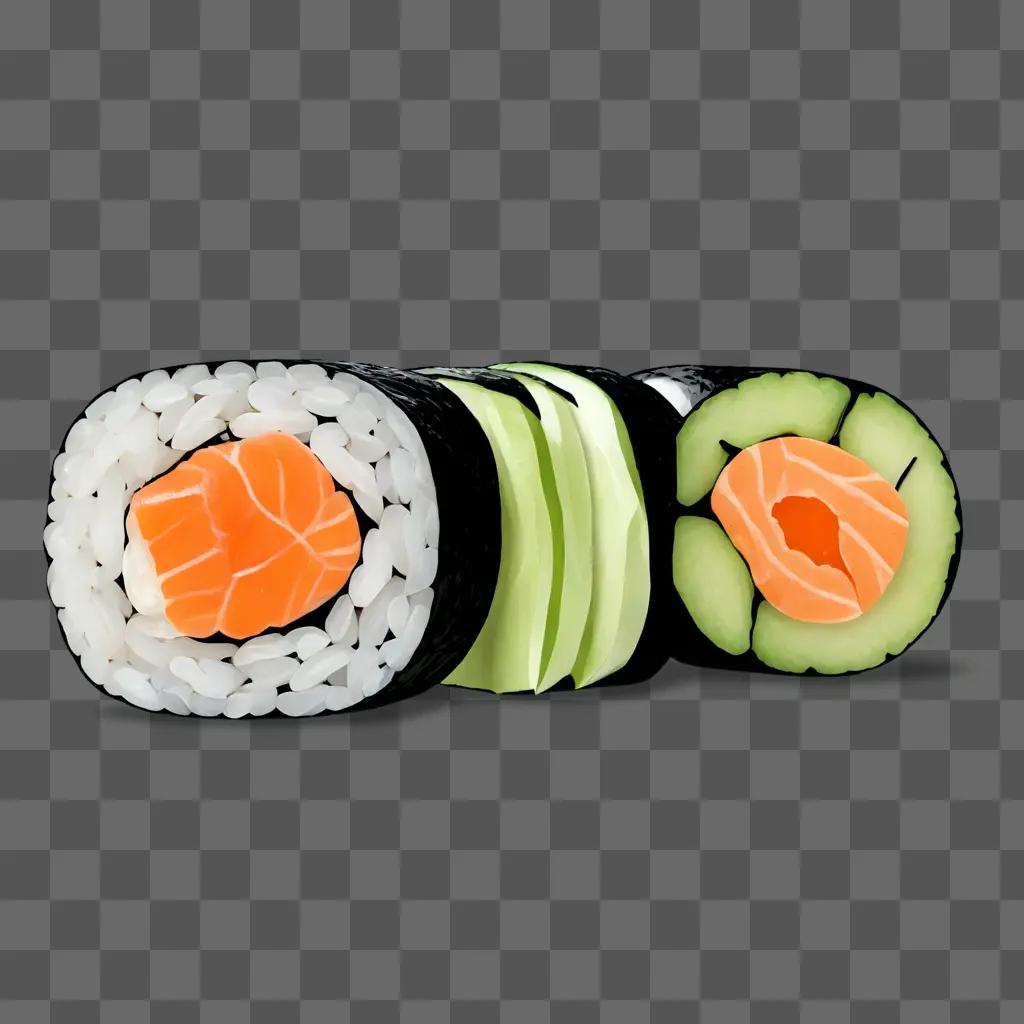 simple sushi drawing A sushi roll with salmon and cucumber on a beige background