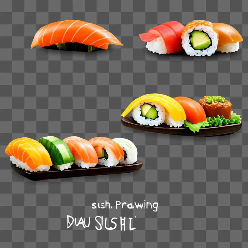 simple sushi drawing A variety of sushi on plates with neon glow