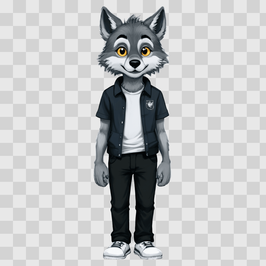 simple wolf drawing A wolf cartoon character in a blue jacket and black pants