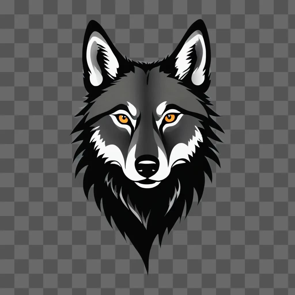 simple wolf drawing A wolf head with orange eyes on a black background