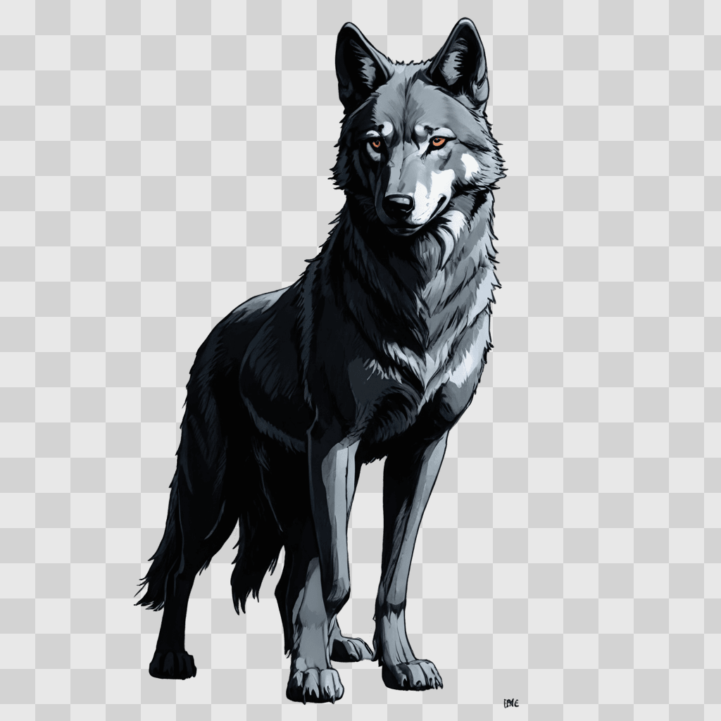 simple wolf drawing Gray wolf with red eyes standing on a gray background