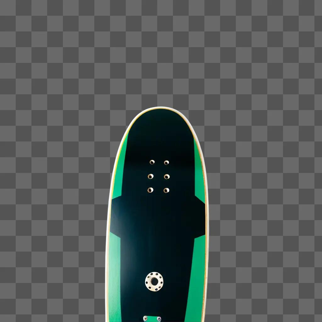 暗い背景に緑色のベースのスケートボードがライトアップされています