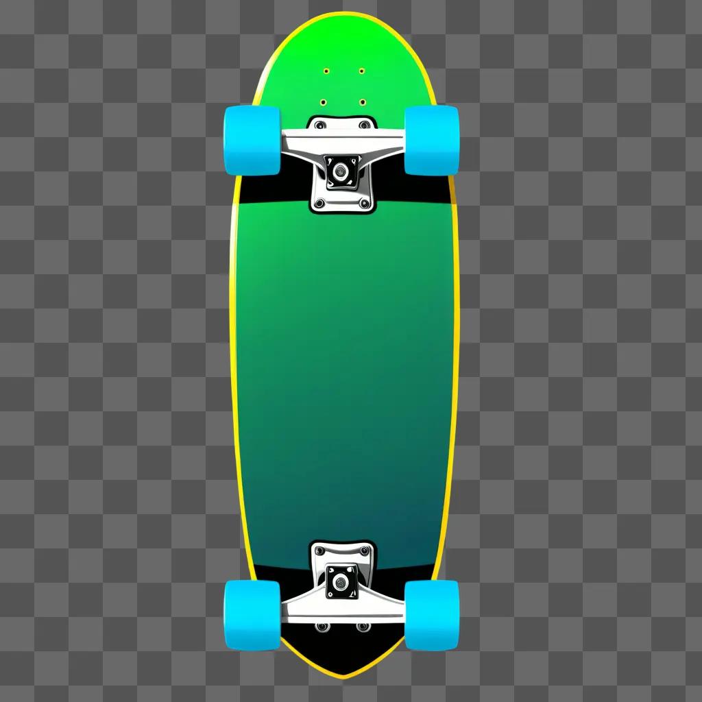 skateboard with blue wheels against a green background