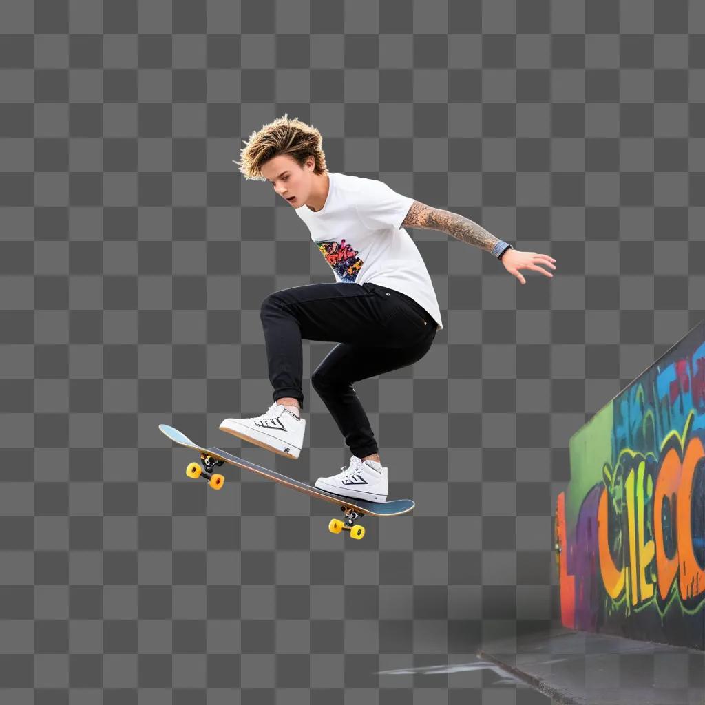 skateboarder with a tattoo on his wrist is jumping