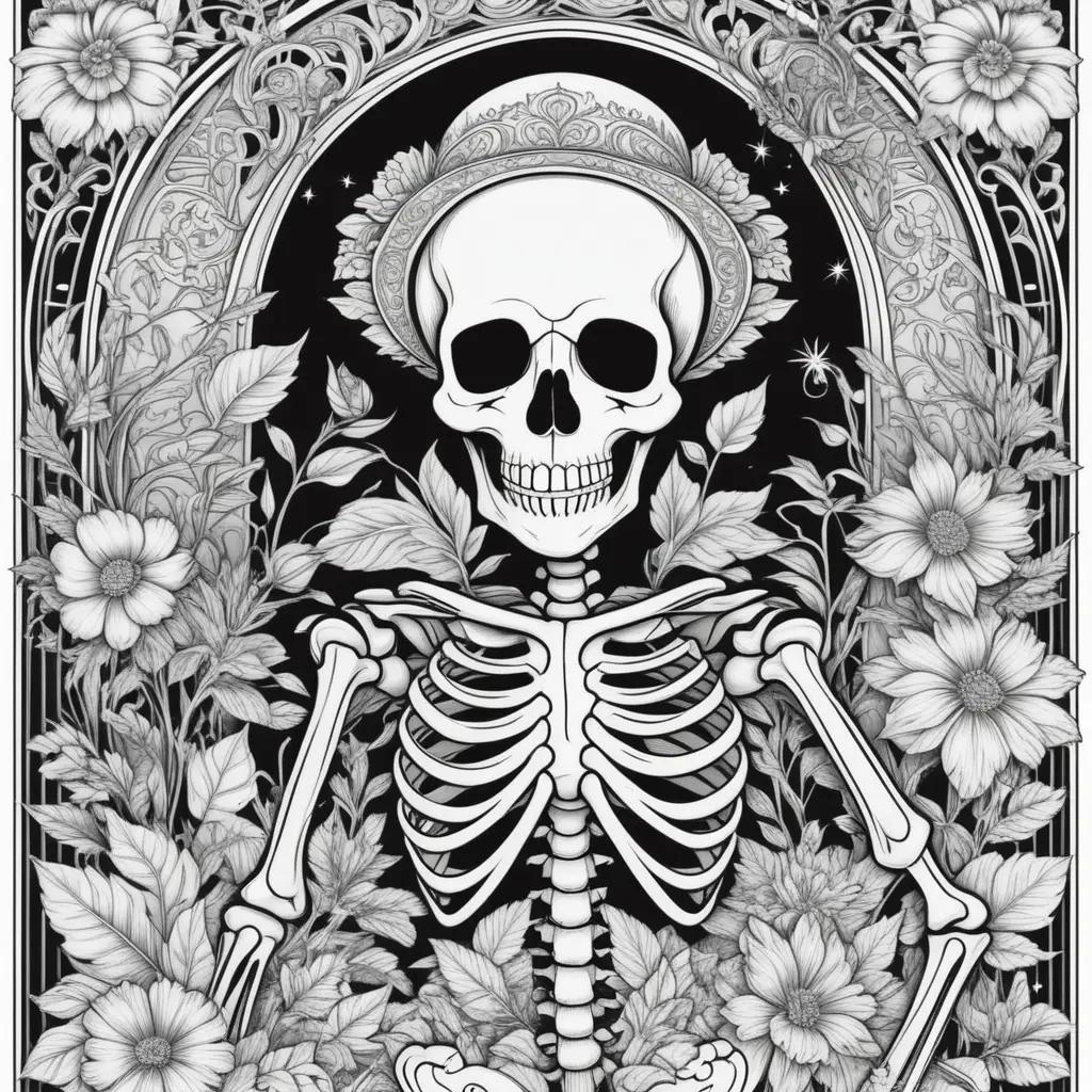 skeleton coloring page with flowers and leaves