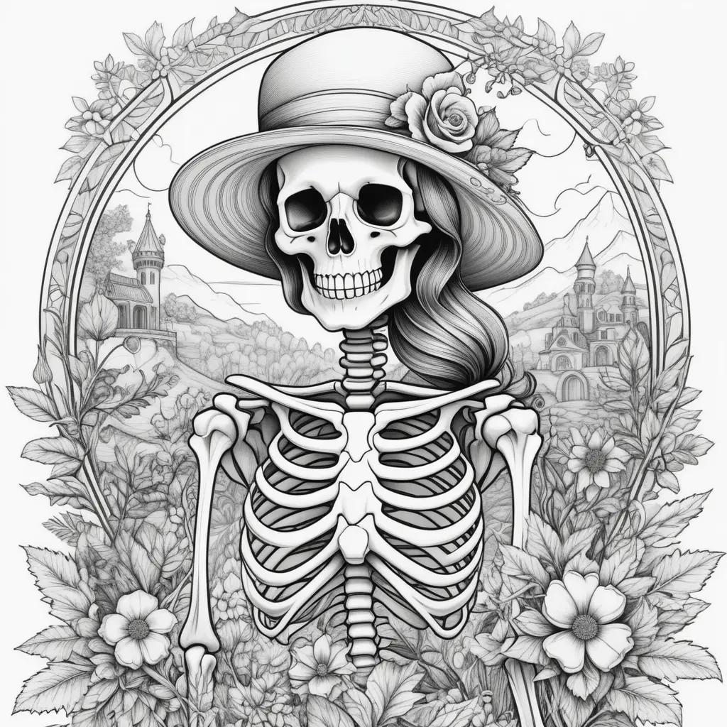 skeleton in a hat and a dress coloring page