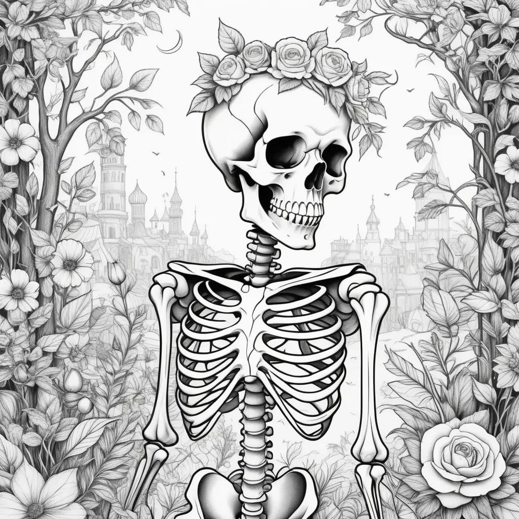 skeleton wearing a flower crown and holding a rose