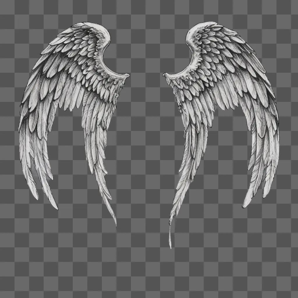 sketch angel wings drawing A pair of angelic wings against a gray background