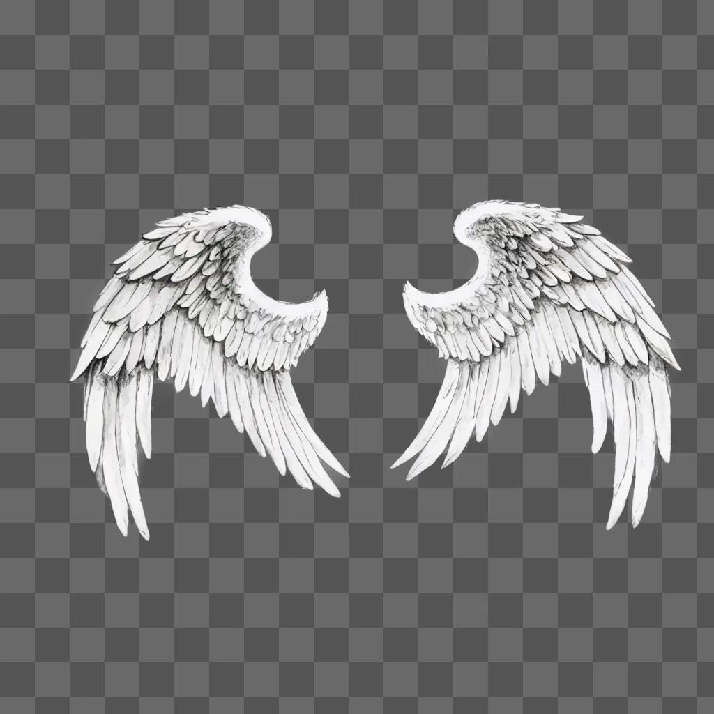 sketch angel wings drawing A pair of white wings against a gray background