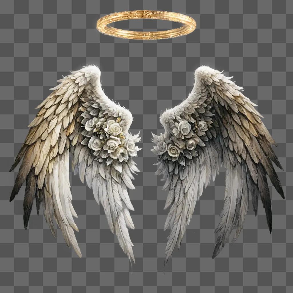 sketch angel wings drawing Two angelic wings adorned with white flowers