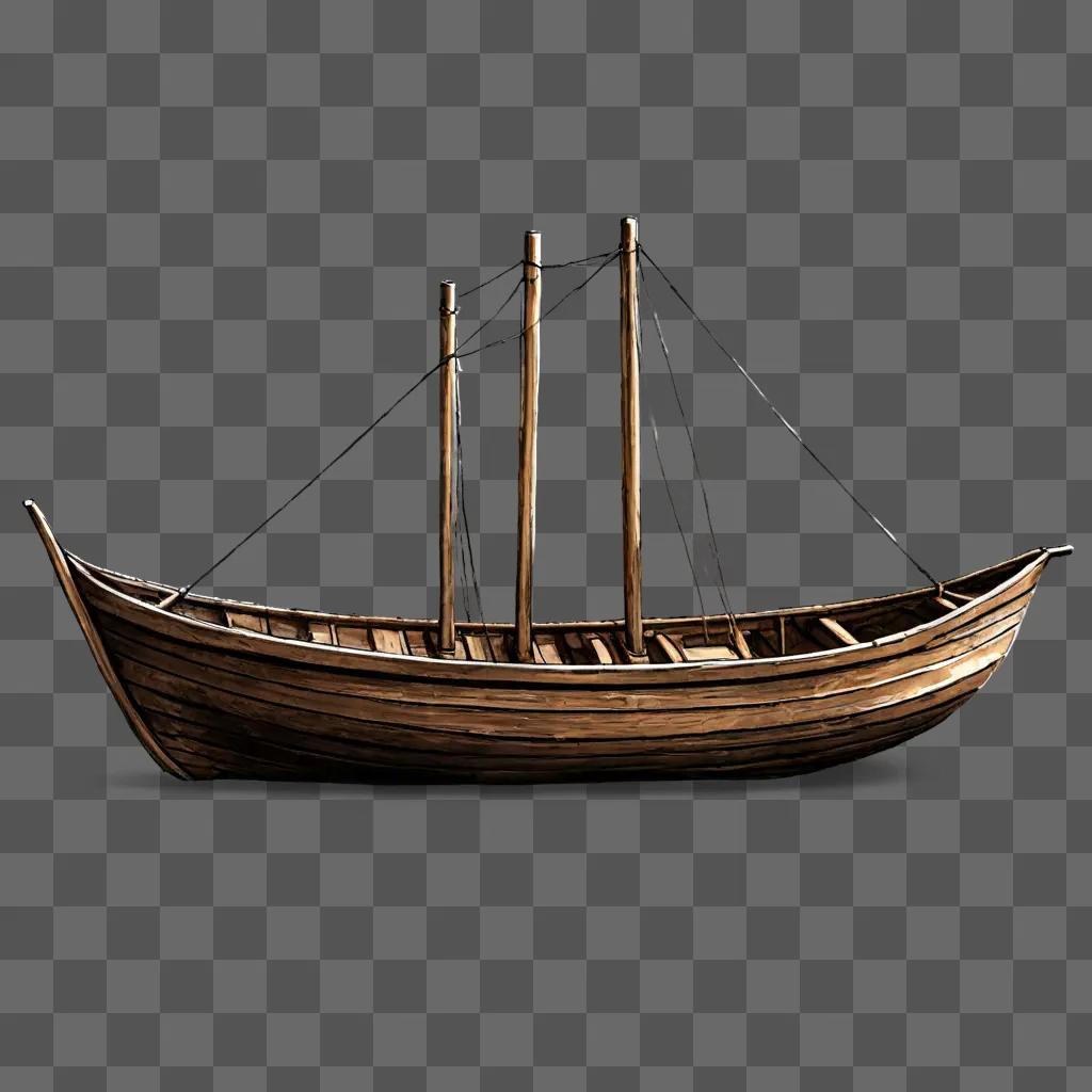 スケッチボートの図面 茶色の背景に木製のボートが置かれています